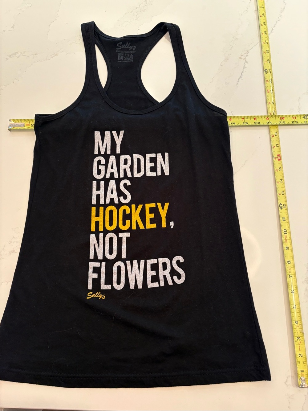 Boston Black Racerback Tank with Bold 'My Garden Has Hockey, Not Flowers' Print
